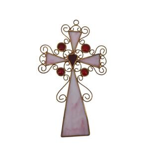 Pink Stain Glass Cross Decorative Suncatcher Handmade 9.5"